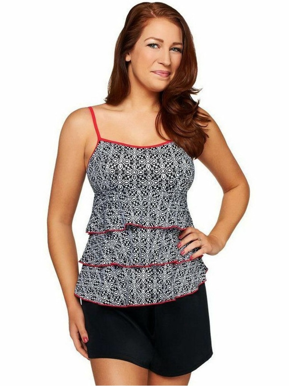 Black & White Ruffle Tankini with Pink Trim - Women's Swim Set